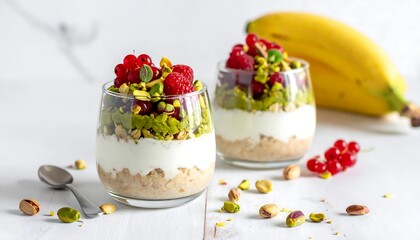 Obraz premium Two glasses of layered dessert with fruits and nuts on a white table
