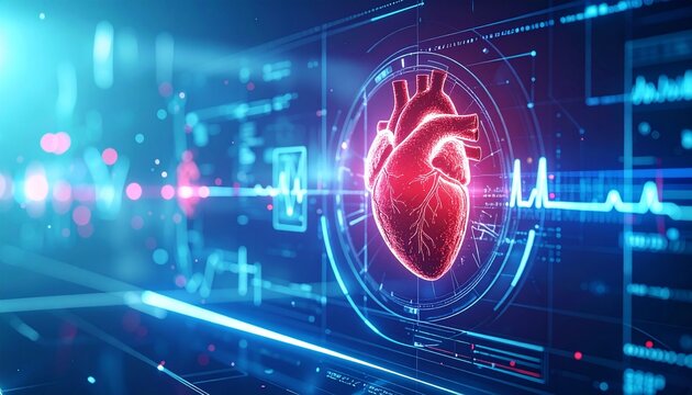 A digital representation of a human heart with data analysis elements. The image showcases the fusion of medical science and technology