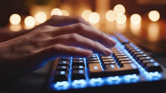 Hands typing on a backlit keyboard