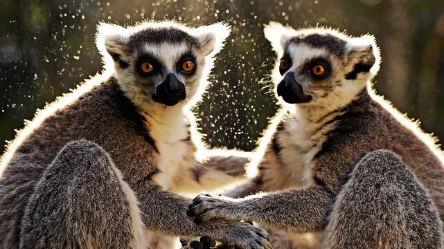 Two lemurs interacting on a tree branch