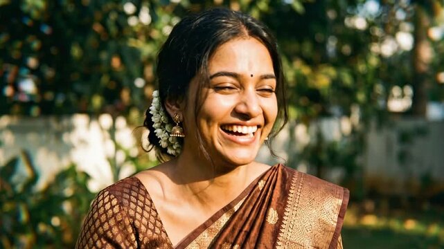 A smiling South Asian woman in a traditional brown and gold saree laughs out loud in warm sunlight, wearing jasmine flowers and festive jewelry against a soft green garden background