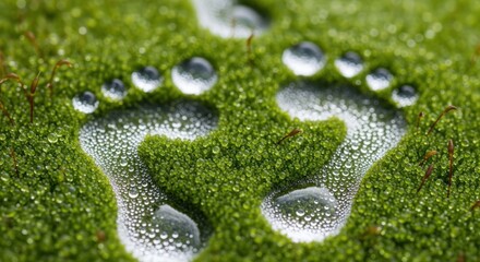 Water droplets create footprints in vibrant green moss, macro close-up