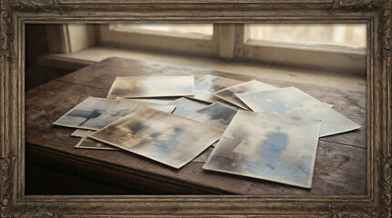 A collection of vintage photographs scattered on a wooden surface near a window, evoking a sense of nostalgia.