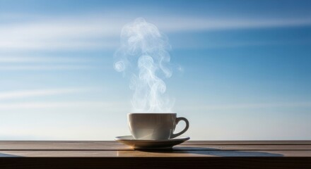 White cup with steam rising against a blue sky background