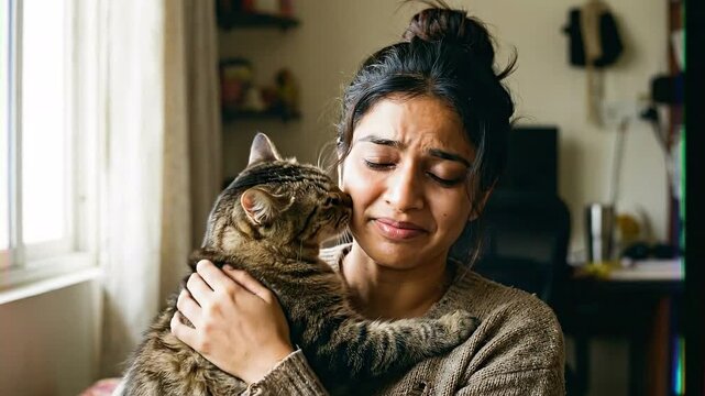 Emotional woman cuddles a tabby cat at home by a window as it licks her cheek, tender comfort moment without looking at camera.