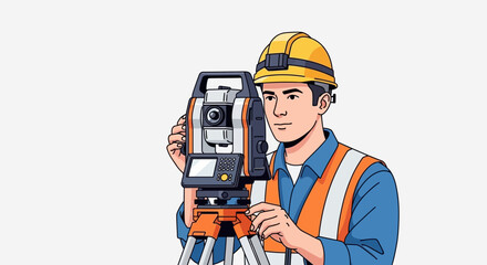 Construction Surveyor Using Total Station Illustration