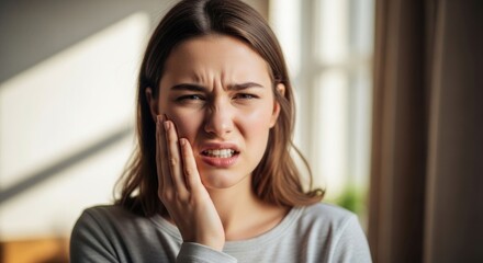 Woman grimacing, holding cheek, showing pain. Natural light