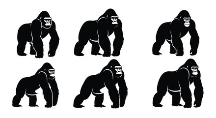 Gorilla Silhouette Various Poses Black Illustration.