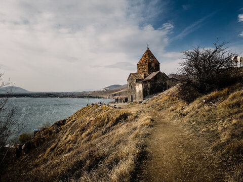 Armenian mountains on Yerevan lake Sevan and monastery Sevanavank in Dilijan national park. High quality photo