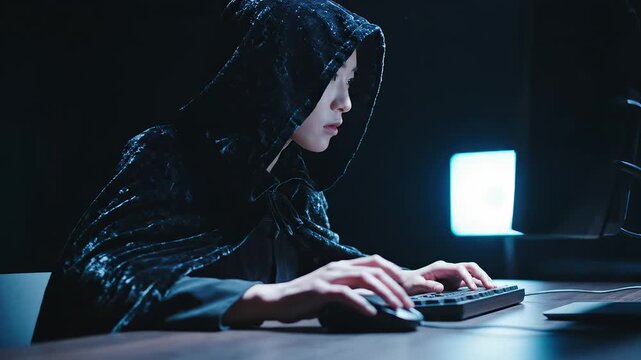 Person in hooded cloak using computer