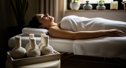 Woman relaxed on massage table, spa setting, with herbal compresses