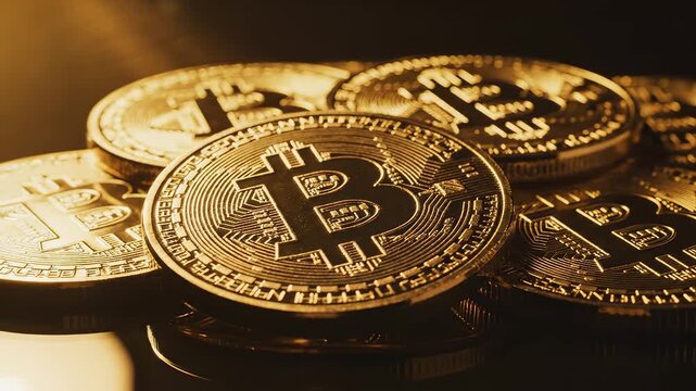 Stack of golden Bitcoin cryptocurrency coins