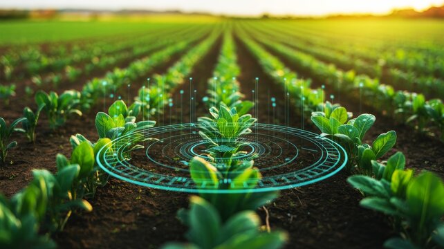 A digital overlay representing smart farming technology monitors growth and health of young plants in a sunlit agricultural field.