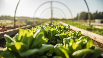A close-up view of lush green lettuce growing inside a hoop house on a sunny day.