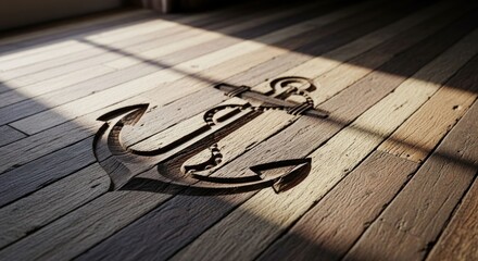 Wooden anchor carving on a sunlit wooden floor