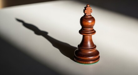 Wooden chess king casting a long shadow on a bright, minimalist surface
