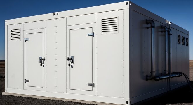 White rectangular industrial container with multiple doors and vents housing utility equipment under a clear blue sky