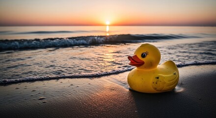 Yellow toy floating in ocean at sunset, sunlit water, shore