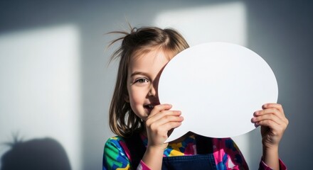 Young child holding a speech bubble, smiling at the viewer