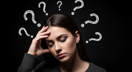 Young woman with question marks above her head, thinking deeply