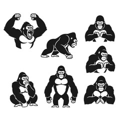 Gorilla Silhouettes Showing Various Facial Expressions.