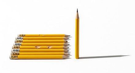 Fototapeta premium Stacked Yellow Pencils With One Standing Tall Against White Background stationery writing