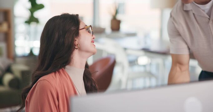 Speaking, paperwork or woman with computer in creative agency, proposal handover or review for feedback. Marketing, project management or director with timeline planning for campaign, pc or coworking