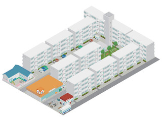 広大な敷地に並ぶマンモス団地の全景アイソメトリックイラスト 街並み背景