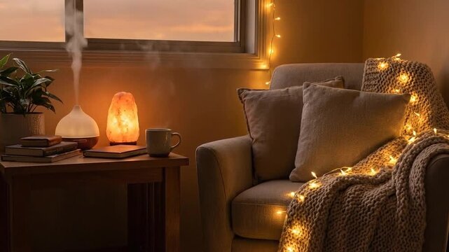 Cozy Room Corner with Salt Lamp and Diffuser