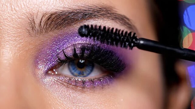 Closeup of eye with purple makeup and mascara