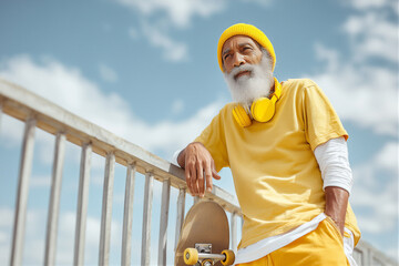 Senior man with a long white beard, yellow beanie, and headphones, resting on a railing with his skateboard