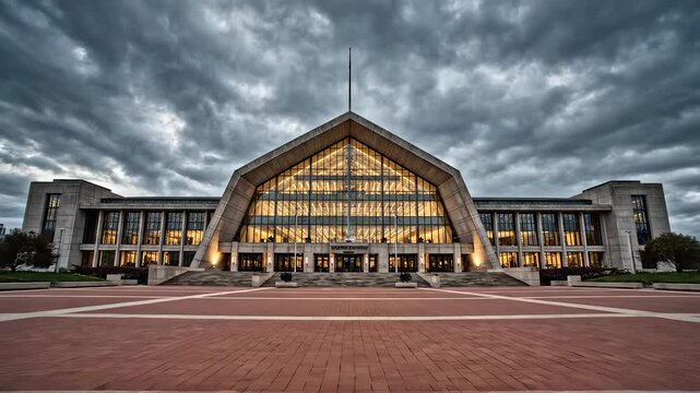 Modern building with glass facade under cloudy sky