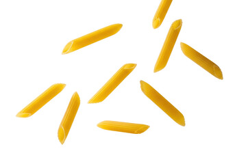 Uncooked golden penne pasta pieces with distinctive ridges, elegantly floating in mid-air against a bright white studio background, ample copy space. Concept for fresh food ingredients