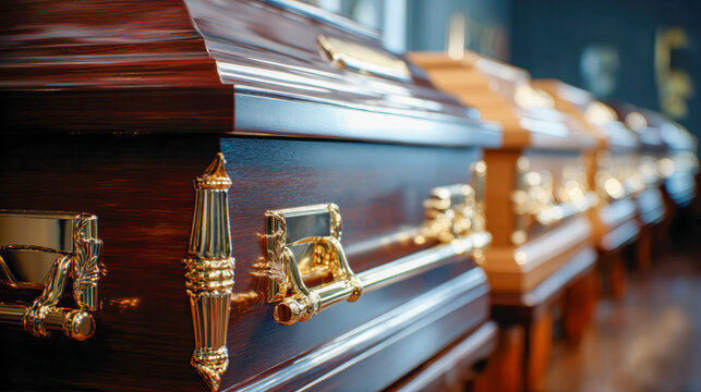 Row of wooden coffins with ornate gold-colored handles elegantly displayed in a funeral home or showroom with soft lighting and blurred background elements
