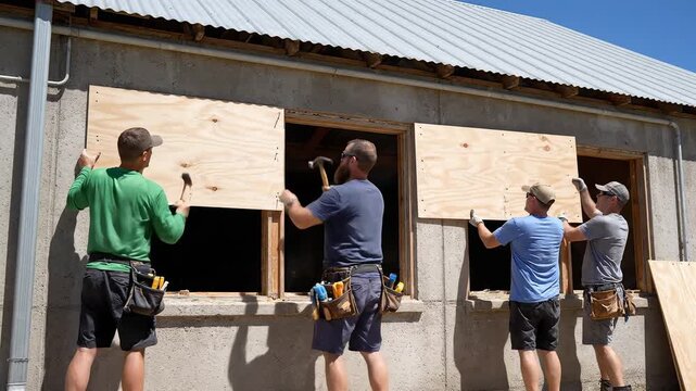 Men installing plywood on building windows
