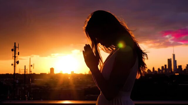 Silhouette of woman praying at sunset