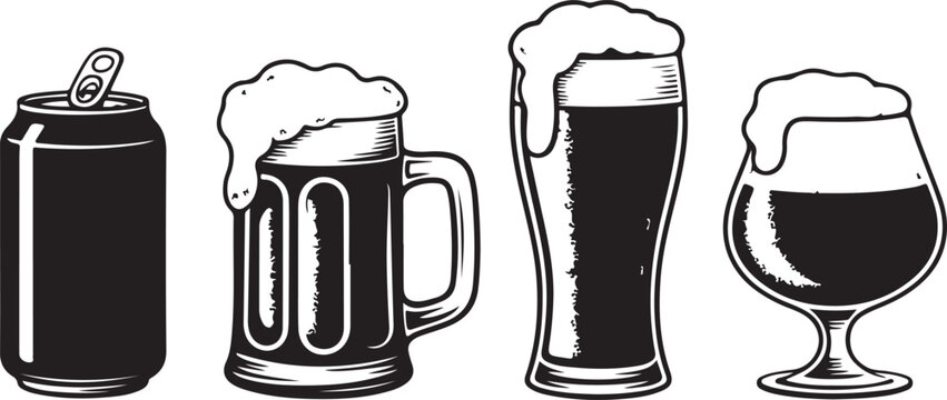 Beer glass, mug and can vector black objects set