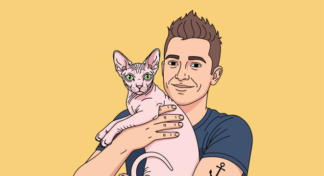 Man with spiky hair holding a Sphynx cat.