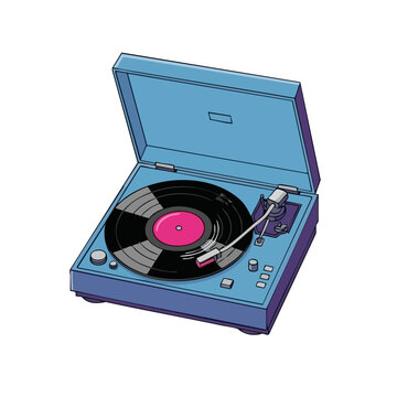 Vintage Blue Record Player with Vinyl Disc.