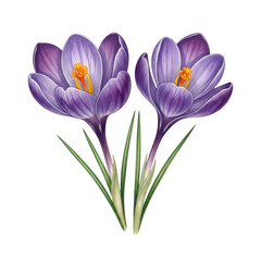 Fototapeta premium Two vibrant purple crocuses blooming in a field of green grass isolated on transparent background
