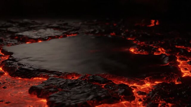 Lava rocks transform into molten lava flows in a volcanic landscape at night.