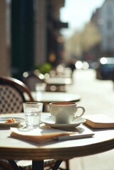 Coffee cup and notebook on cafe table with city bokeh