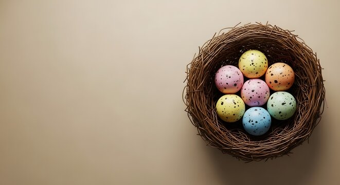 A bird's nest filled with colorful easter eggs on a beige background