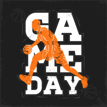 Dynamic silhouette of a basketball player dribbling with Game Day typography, igniting March Madness event hype, college hoops passion.