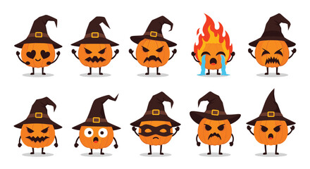 Obraz premium Set of ten orange pumpkin characters with diverse facial expressions and emotions all wearing tall dark purple witch hats.