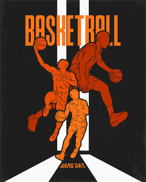 Vibrant Basketball Game Day poster with leaping orange player silhouettes between white stripes, March Madness event excitement.