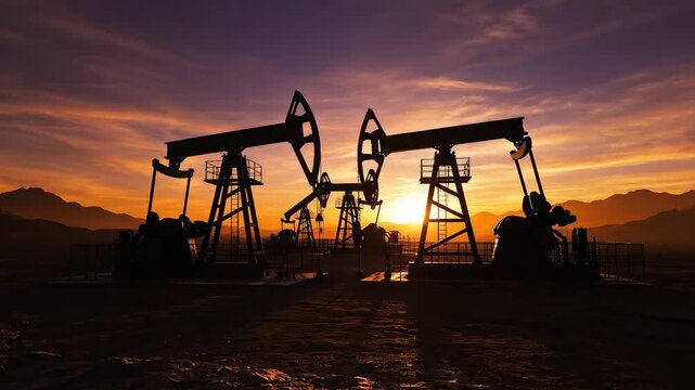 Oil pumps at sunset in desert