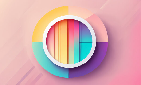 central white ring over a geometric circle with quadrants of yellow pink teal and purple featuring vertical bars in the middle section.