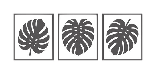 Three dark grey monstera leaf silhouettes in square frames © Rakibul V