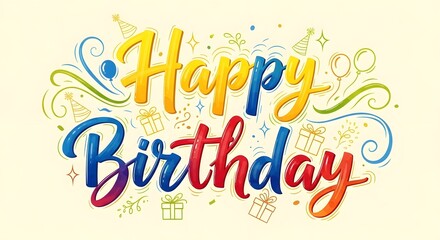 Vibrant happy birthday greeting with colorful text and swirls